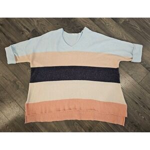 Women's 1XL Striped V Neck Sweater Light‎ Blue Pink Navy Cream Cozy Knit Fall